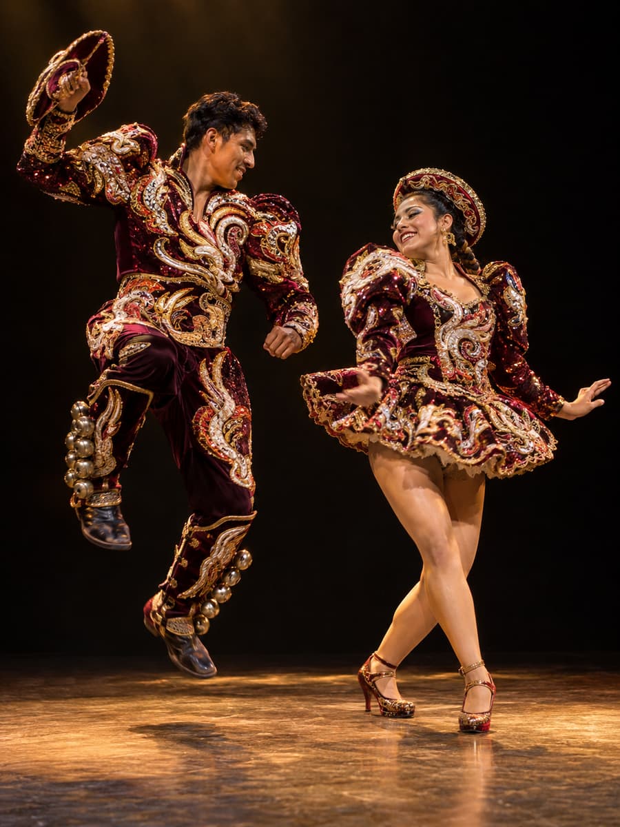 Imagen ilustrativa generada: Pareja bailando caporales con trajes bordados y botas con cascabeles