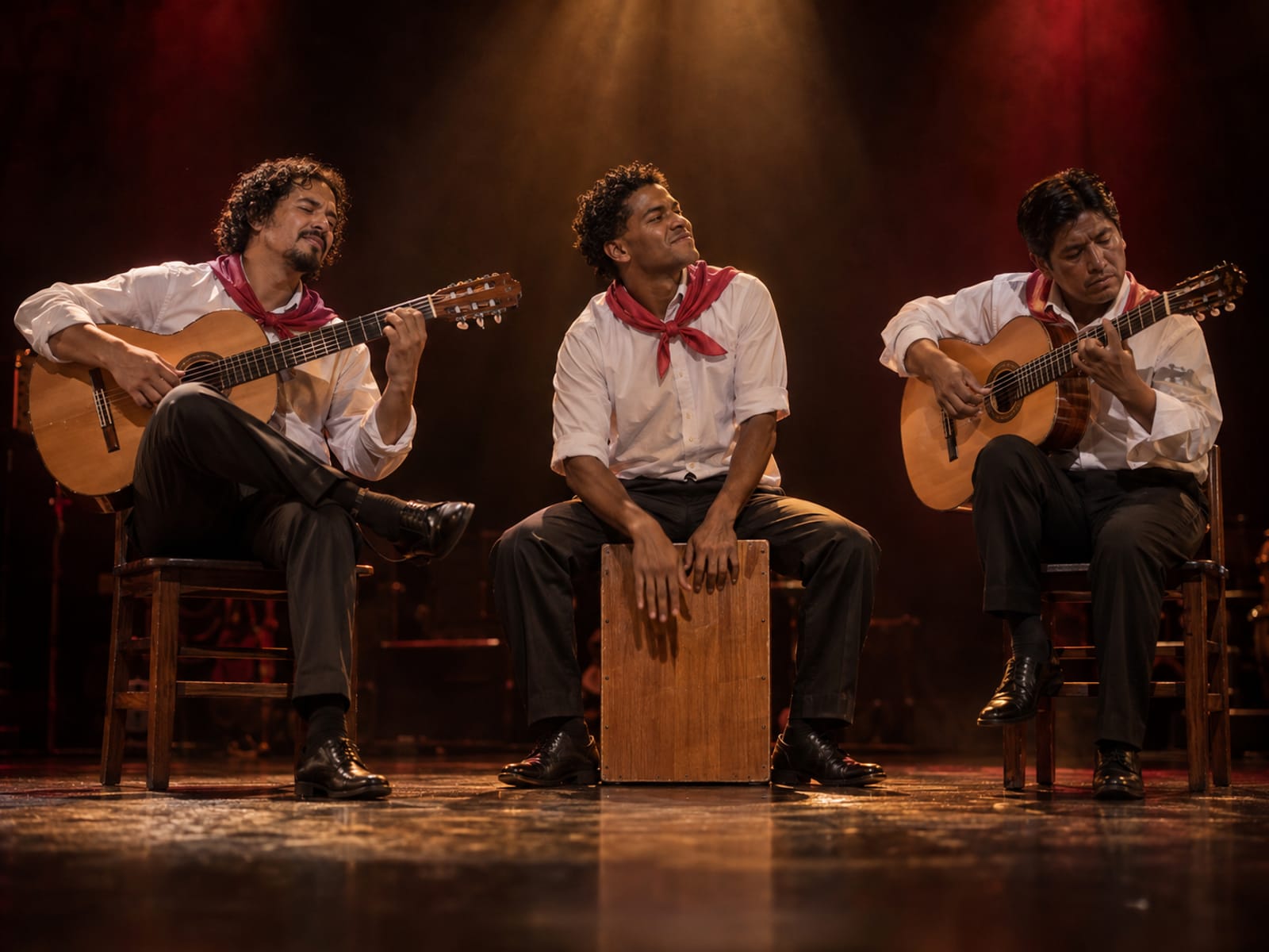 Imagen ilustrativa generada: Músicos criollos con guitarras y cajón peruano