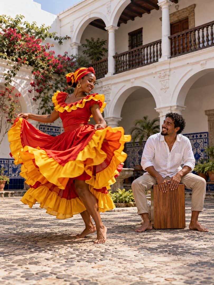 Imagen ilustrativa generada: Bailarina de festejo con falda de volantes y músico con cajón peruano