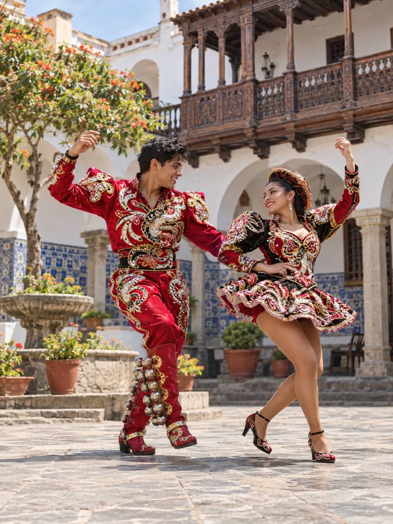 Imagen ilustrativa generada: Pareja bailando caporales con trajes bordados y botas con cascabeles