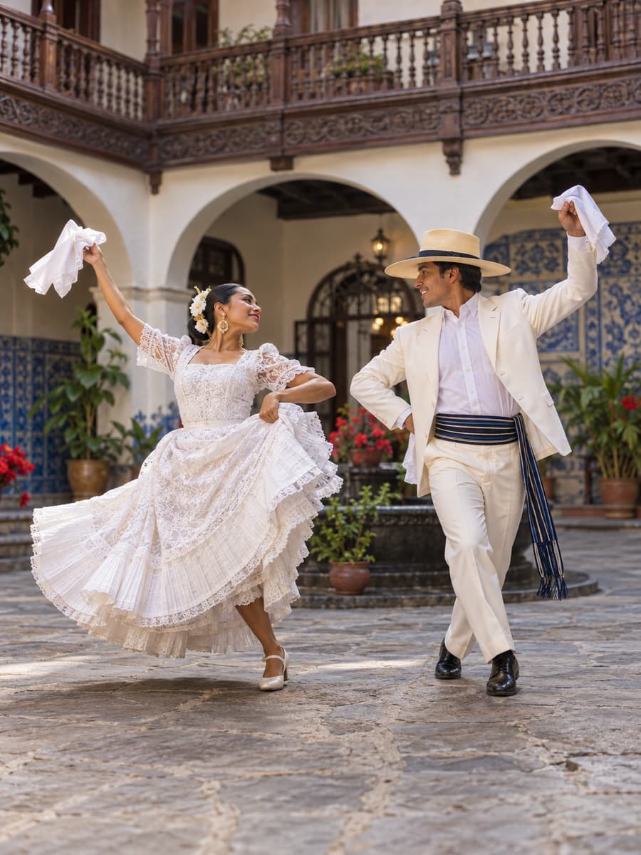 Imagen ilustrativa generada: Pareja bailando marinera con trajes blancos y pañuelos